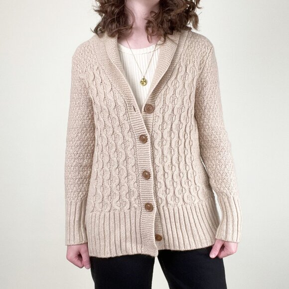 Vintage Lambswool Cable Knit Aran Cardigan Sweater Long Scandinavian Fisherman - Picture 1 of 7